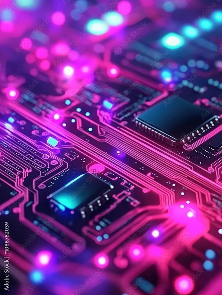 Fototapeta premium Explore the Vibrant World of Circuit Boards Illuminated by Colorful Lights
