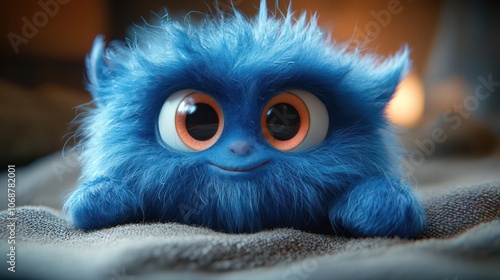 3d cartoon character of a cute blue furry monster with a playful expression, designed with exaggerated features and bright colors, exuding charm and whimsy