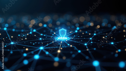 Cybersecurity concept with interconnected nodes and a shield icon at the center.