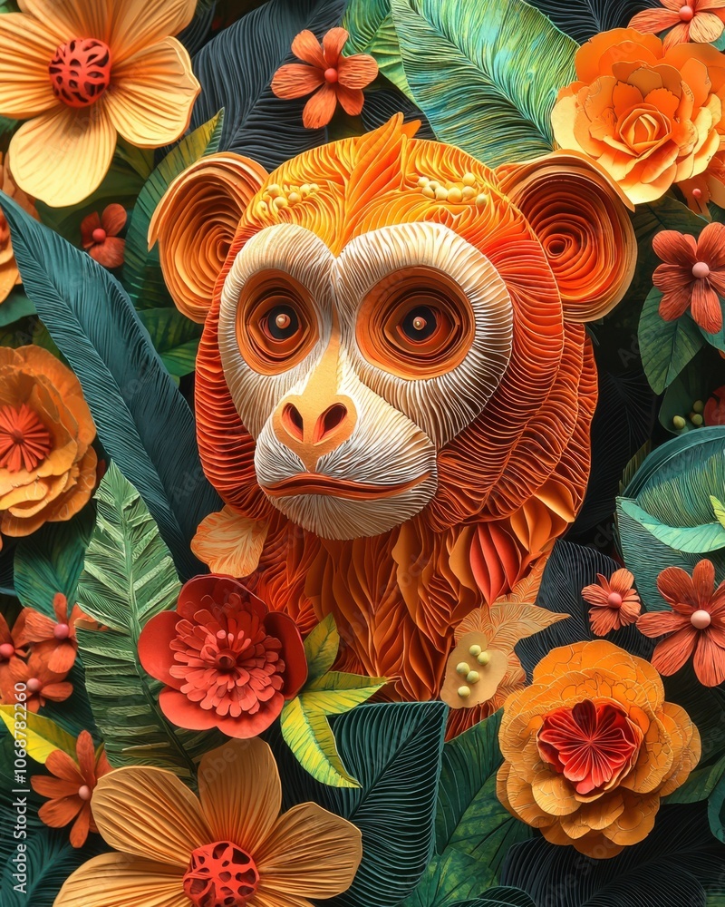 Explore the vibrant world of papercraft art featuring a charming monkey surrounded by colorful floral arrangements Explore the vibrant world of papercraft art featuring a charming monkey surrounded by colorful floral arrangements