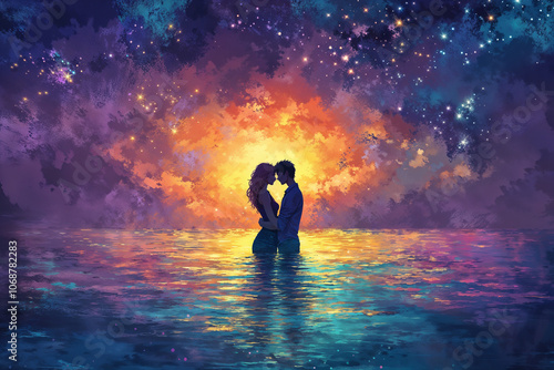Romantic couple silhouette in magical cosmic sunset