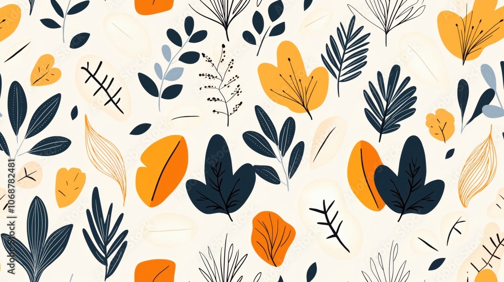 Seamless pattern with abstract autumn leaves in orange, navy, and beige on a light background Seamless pattern with abstract autumn leaves in orange, navy, and beige on a light background