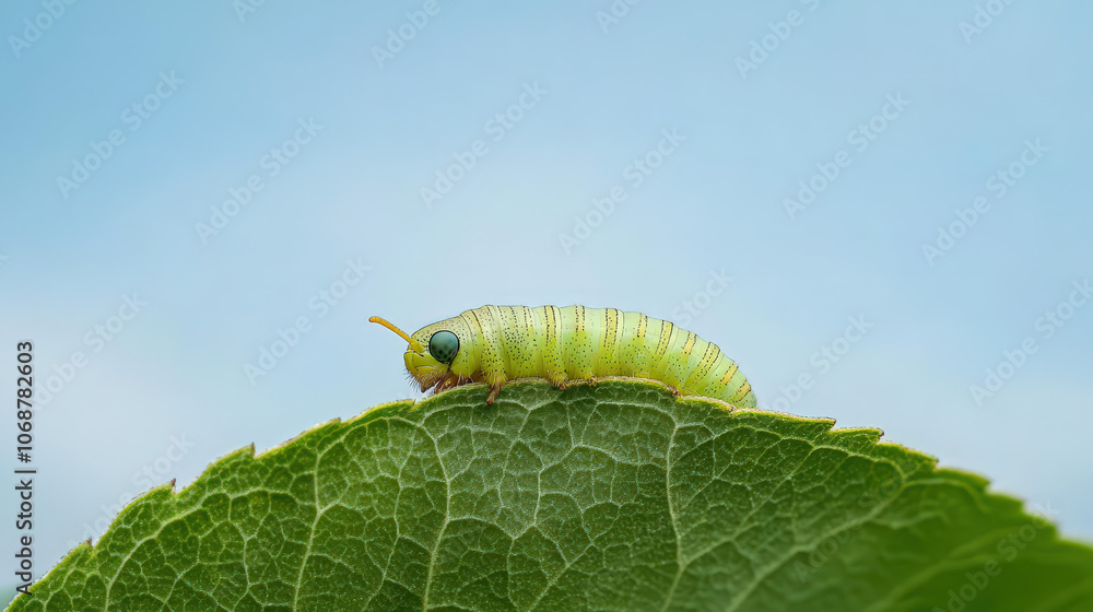 Macro of caterpillar on leaf, bright colors, sharp foreground, soft natural background Macro of caterpillar on leaf, bright colors, sharp foreground, soft natural background
