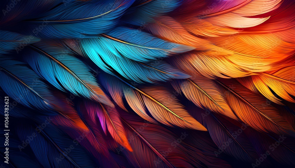 close up feathers pattern with colorful glowing light at dark background; abstract concept of war fantasy close up feathers pattern with colorful glowing light at dark background; abstract concept of war fantasy