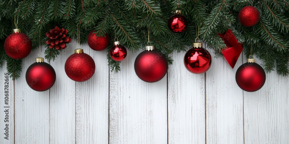 White wooden background with fir branches and red Christmas balls, space for text below White wooden background with fir branches and red Christmas balls, space for text below