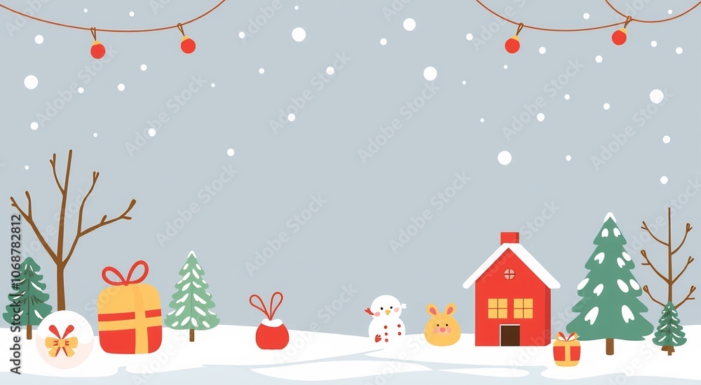 Snowy Winter Scene with a Red House, Snowman, and Gifts. Snowy Winter Scene with a Red House, Snowman, and Gifts.