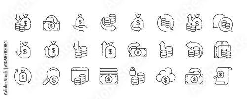 Money icon collection. Earnings, investments design. Money linear icons. Vector icons