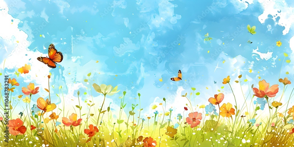 Naklejka premium A blooming flower garden with butterflies and bees in a sunny meadow. Watercolor,painting,pastel,field,nature,insect,botanical,peaceful,happy,vibrant, colorful, delicate, gentle, spring, summer, AI