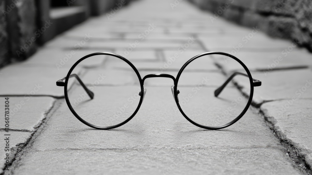 Black Round Glasses on Cobblestone Pathway Black Round Glasses on Cobblestone Pathway