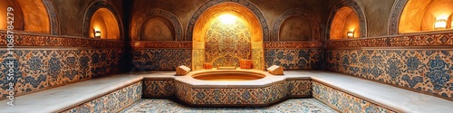Luxurious oriental bath with intricate tile work and lighting