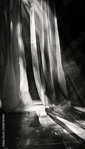 Dramatic black and white curtain with distorted spotlight creating abstract theatrical mystery photo