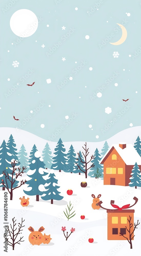 Cute cartoon winter landscape with a house, snow-covered trees, a crescent moon, and cute animals in the snow. Cute cartoon winter landscape with a house, snow-covered trees, a crescent moon, and cute animals in the snow.