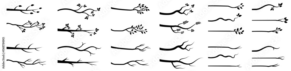 Vector illustration set of black tree branches with leaves and without leaves, bare tree branch silhouettes, icons Vector illustration set of black tree branches with leaves and without leaves, bare tree branch silhouettes, icons