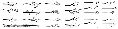Vector illustration set of black tree branches with leaves and without leaves, bare tree branch silhouettes, icons