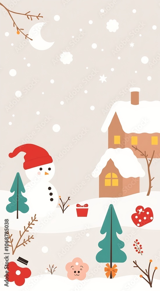 Cute snowman with a red hat in a snowy landscape. Cute snowman with a red hat in a snowy landscape.