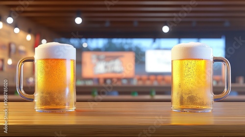 Refreshing Beers on a Bar Counter in a Pub Setting photo