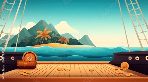 Illustration of a pirate ship deck with gold coins, treasure chest, and tropical island in the background with palm trees and mountains under a clear sky.