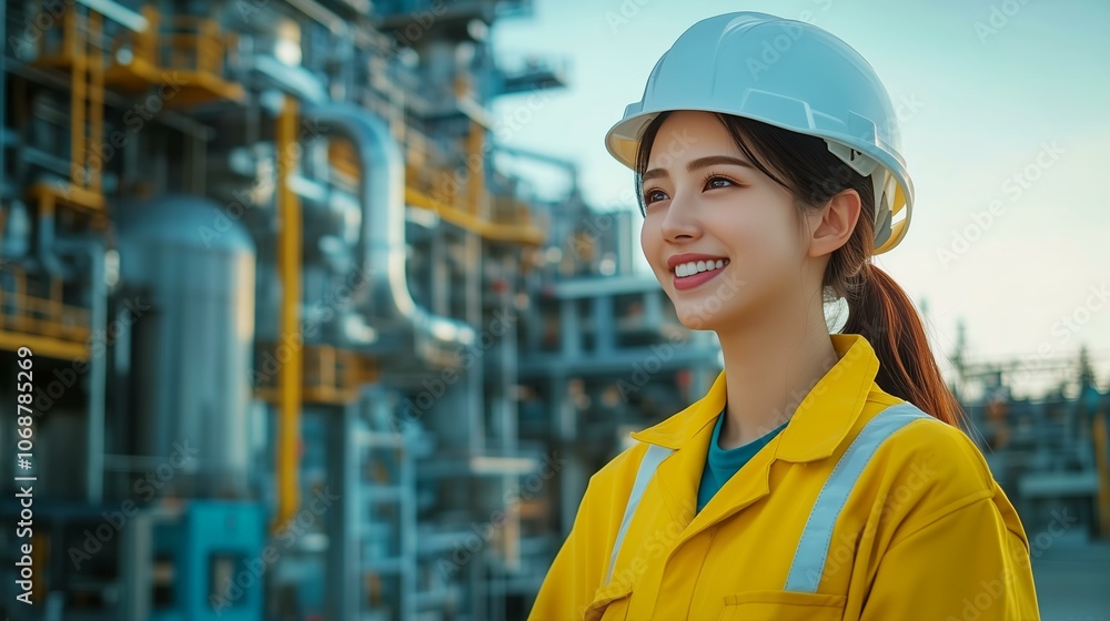 Smiling female engineer in yellow jacket and helmet at industrial plant Smiling female engineer in yellow jacket and helmet at industrial plant