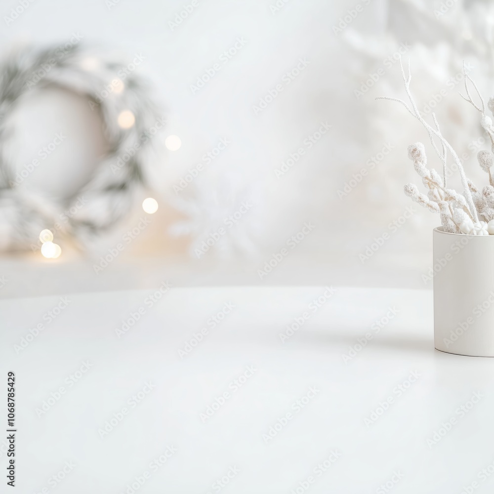 n empty pristine white tabletop with a slight shimmer, set against a softly blurred backdrop of frosted wreaths and delicate snowflakes, creating a chic, modern Christmas feel n empty pristine white tabletop with a slight shimmer, set against a softly blurred backdrop of frosted wreaths and delicate snowflakes, creating a chic, modern Christmas feel