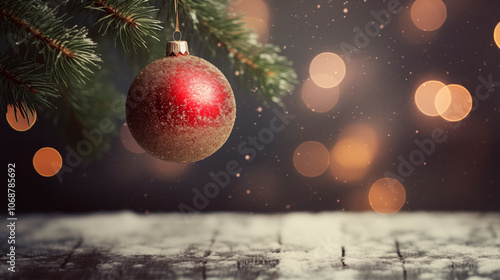 Festive Christmas and New Year holiday banner card with single minmalist ornament hanging from pine branch. with copy space and glitter bokeh. Holiday bokeh background with copy space. photo