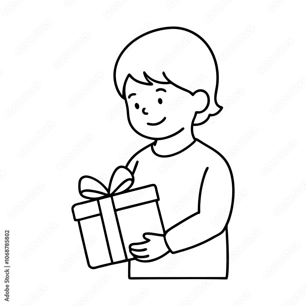 Child With Gift Box Line Art Illustration Child With Gift Box Line Art Illustration