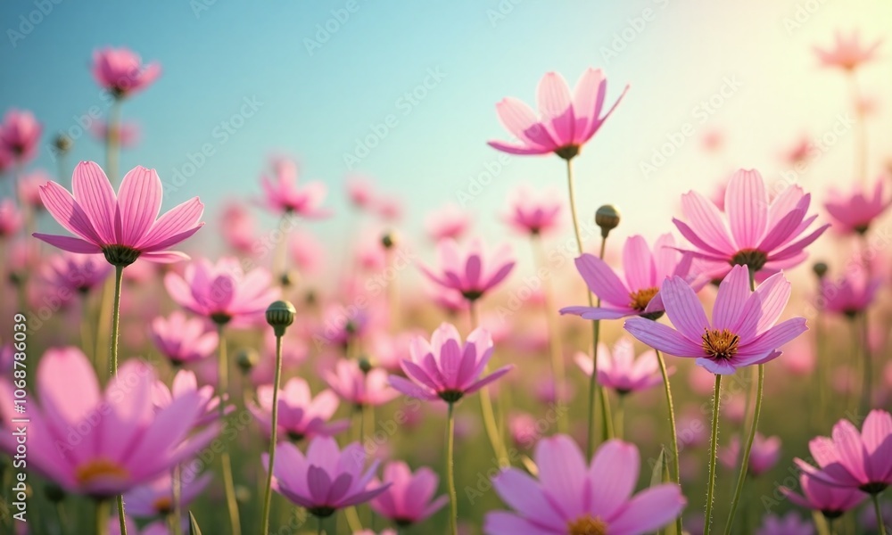 Vibrant cosmos flowers Meadow in full bloom Soft Vibrant cosmos flowers Meadow in full bloom Soft