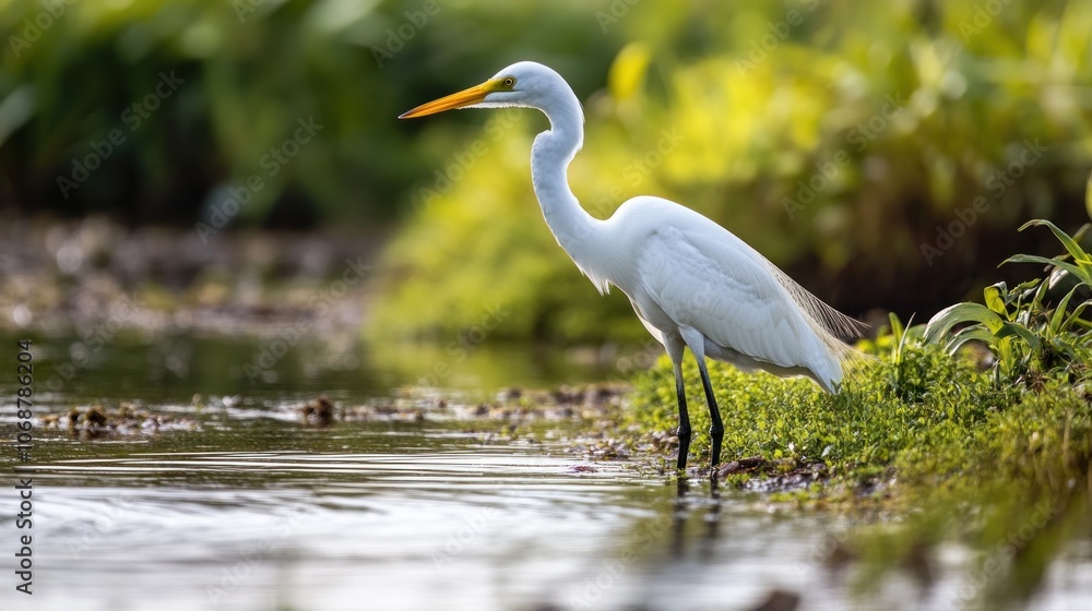 Obraz premium White Egret Standing by the Water's Edge