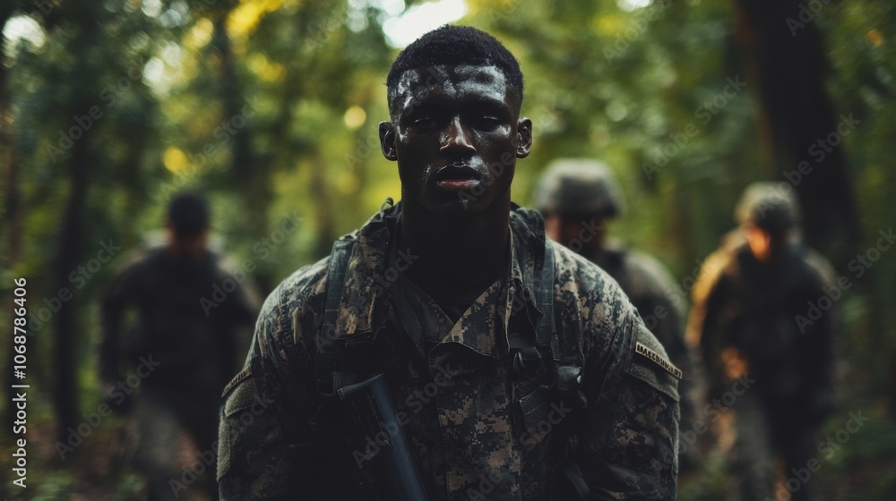 Soldier in camouflage uniform navigates dense forest during training Soldier in camouflage uniform navigates dense forest during training