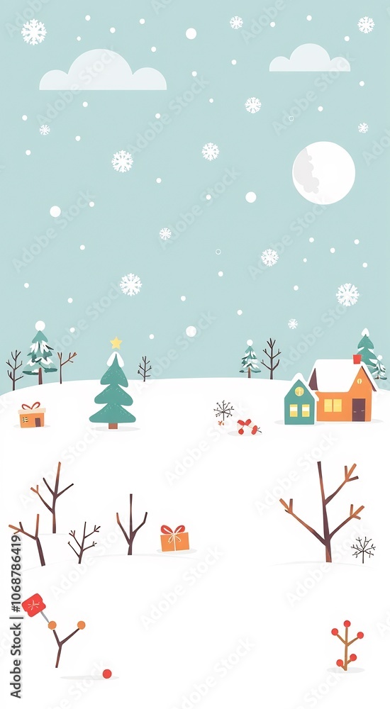 A snowy Christmas scene with a house, tree, and presents in a snowy landscape. A snowy Christmas scene with a house, tree, and presents in a snowy landscape.