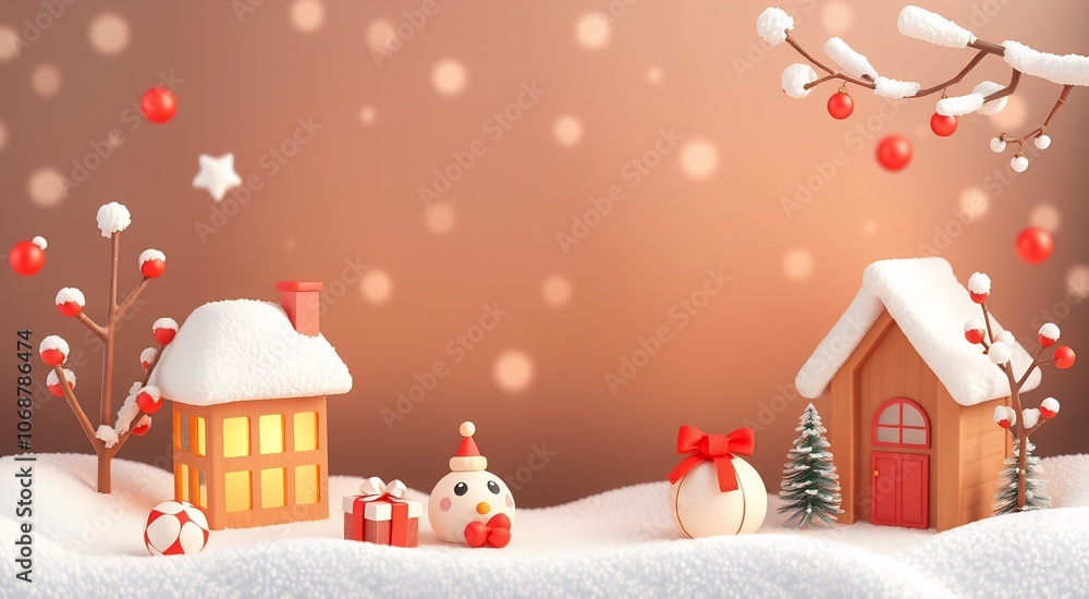 Cute 3D Christmas village with snowman, houses, and gifts. Cute 3D Christmas village with snowman, houses, and gifts.