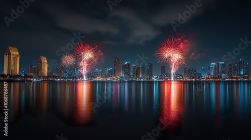 Fireworks explode over a cityscape reflected in the water at nig photo