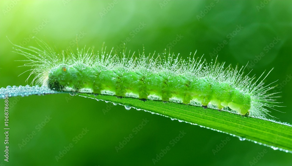 Fototapeta premium Green caterpillar on leaf with morning dew, detailed texture of tiny hairs