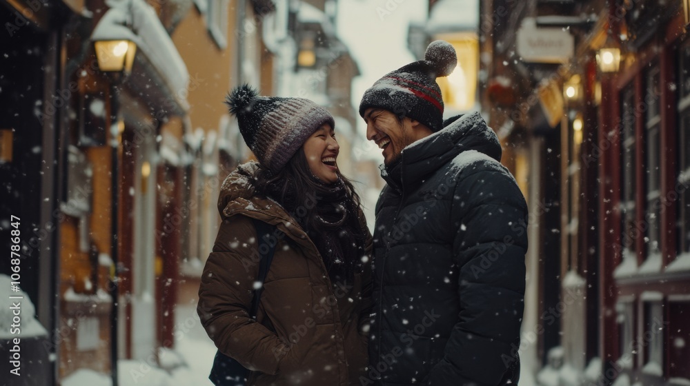 Couple enjoying a snowy winter day in a charming alleyway Couple enjoying a snowy winter day in a charming alleyway