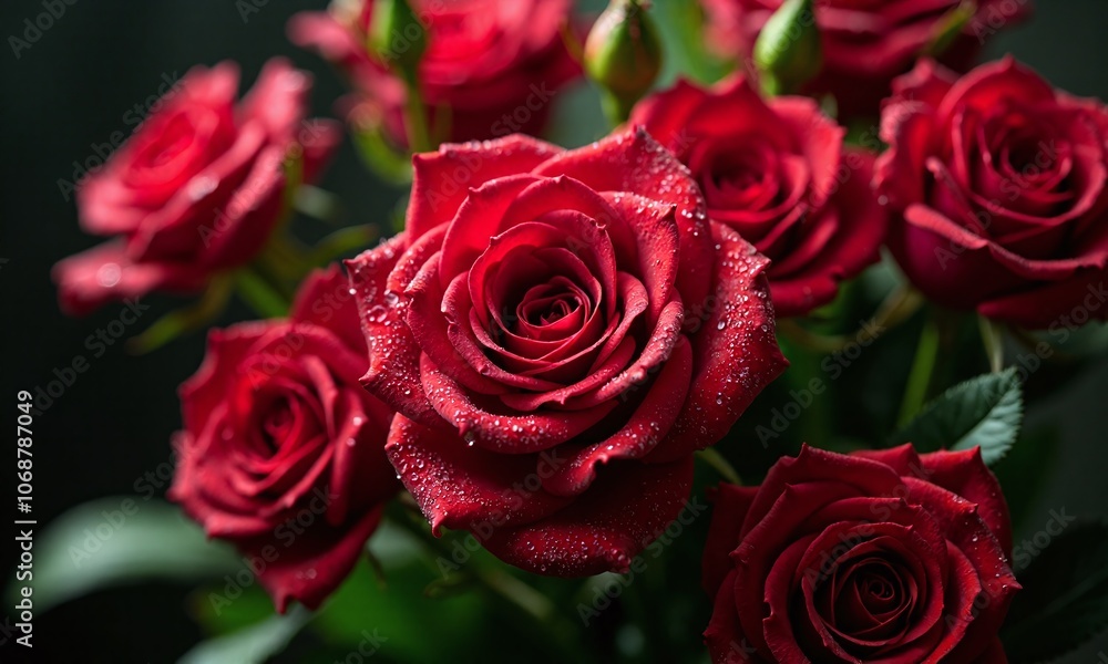 Red roses water droplets lush petals romantic flowers Red roses water droplets lush petals romantic flowers