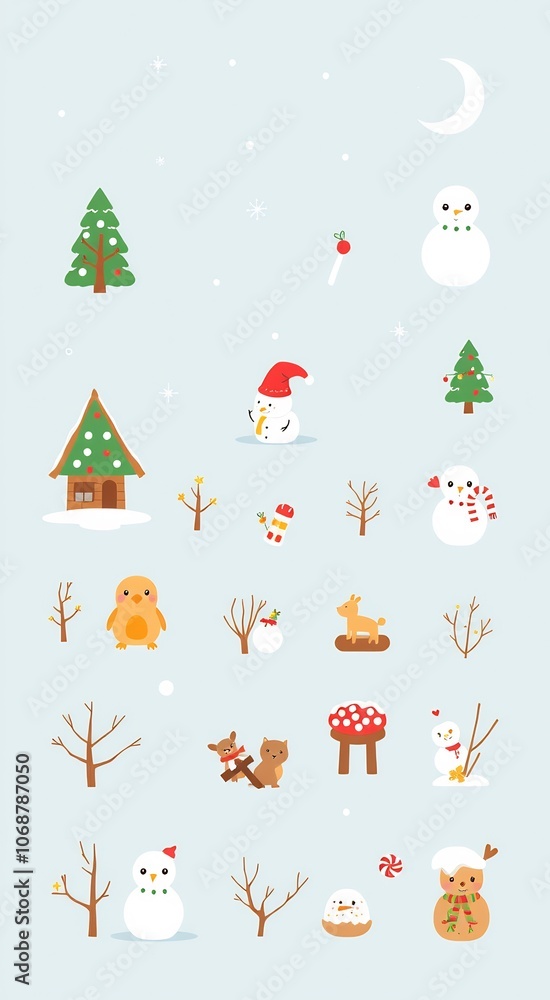 A collection of cute winter and holiday-themed illustrations featuring snowmen, trees, birds, and other seasonal elements. A collection of cute winter and holiday-themed illustrations featuring snowmen, trees, birds, and other seasonal elements.
