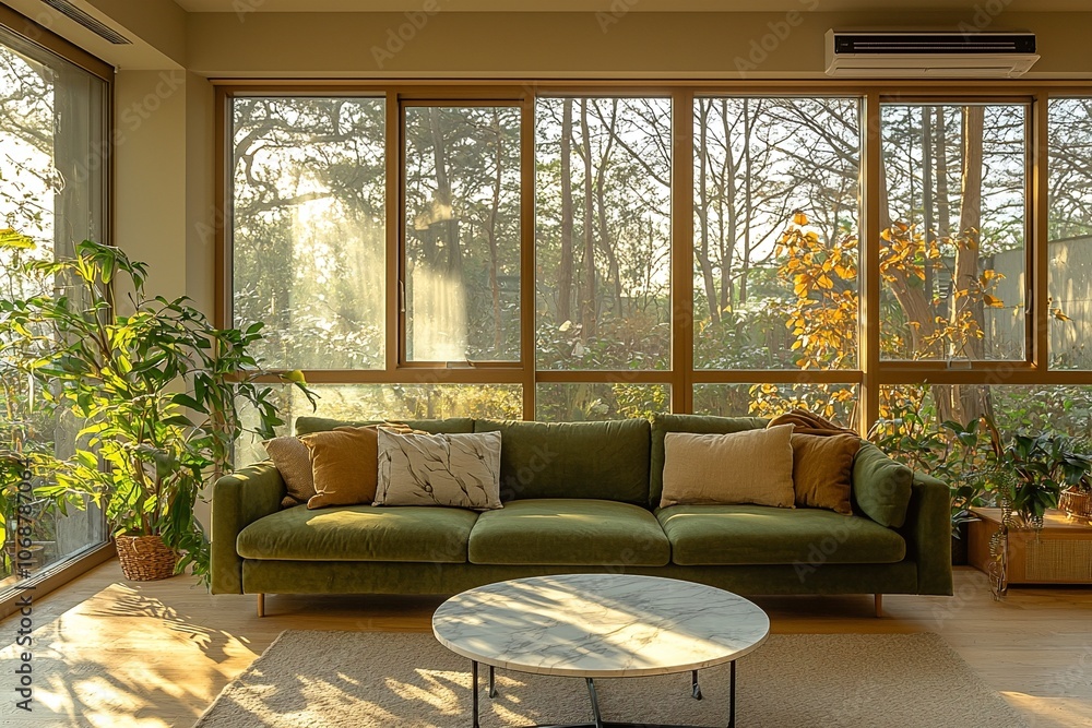 Fototapeta premium Minimalist, Mid century Modern Interior in a lighted living room with a green sofa. Generative AI 