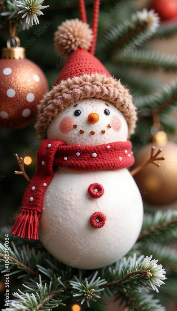 Cheerful Plush Snowman Ornament with Red Knit Hat and Scarf Cheerful Plush Snowman Ornament with Red Knit Hat and Scarf