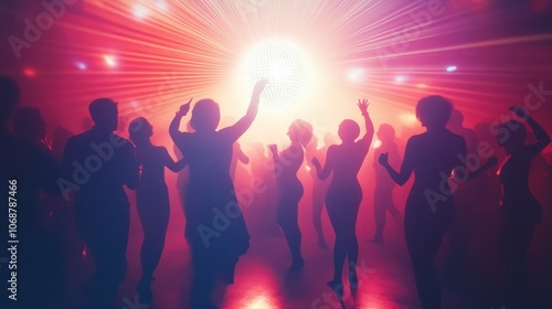 Create a disco scene with silhouettes of dancers and a bright, glowing disco ball overhead.