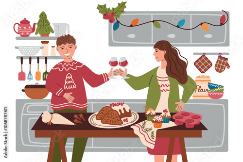 Happy couple preparing Christmas dinner with delicious homemade pastries.