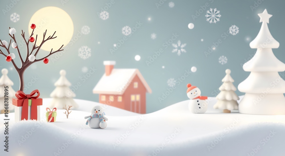 Winter wonderland scene with snowmen, a house, a tree, and a gift. Winter wonderland scene with snowmen, a house, a tree, and a gift.