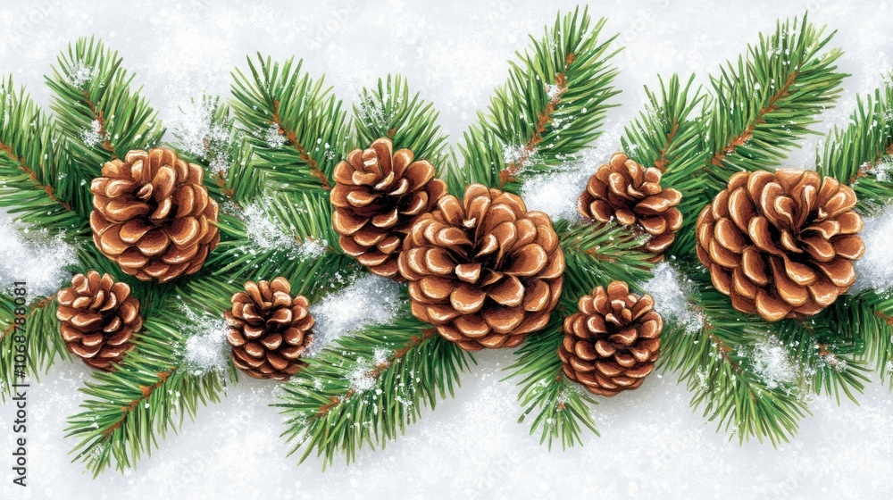 Pinecones and Evergreen Branches in Winter Wonderland Pinecones and Evergreen Branches in Winter Wonderland