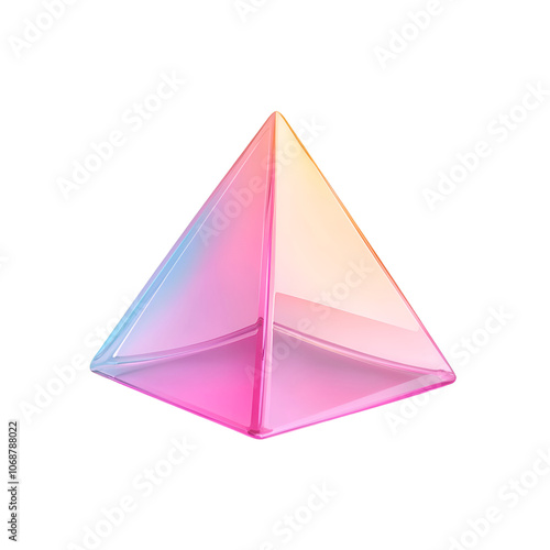 A shiny, colorful pyramid with smooth surfaces, reflecting light in a gradient of pink and blue against a black background.