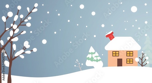 A simple winter scene with a house, trees and falling snow.