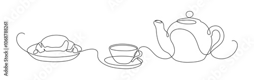 Tea time. Teapot with cup of tea with croissant. Continuous line drawing.