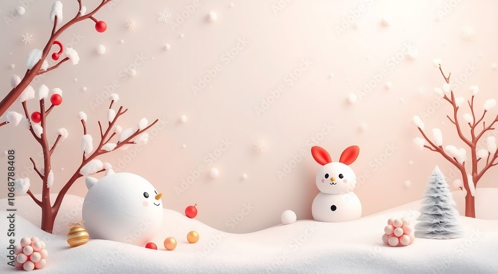 Two snowmen, one with bunny ears, in a snowy winter wonderland with a small pine tree, surrounded by snow-covered trees. Two snowmen, one with bunny ears, in a snowy winter wonderland with a small pine tree, surrounded by snow-covered trees.