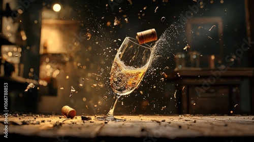 Celebrate with a bang champagne cork pops exuberantly toward a delicate glass object photo