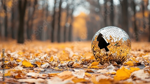 A mishap leads to a cracked mirror ball left on the ground reflecting nature's beauty and disarray