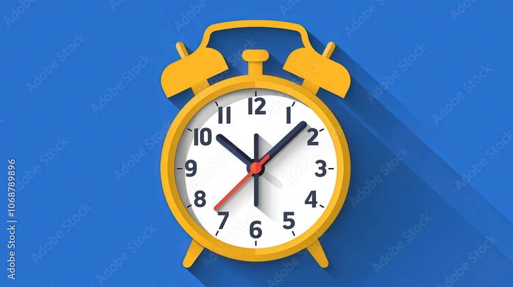 A bright yellow alarm clock on a blue background, showcasing time with bold hands indicating 10:10. A bright yellow alarm clock on a blue background, showcasing time with bold hands indicating 10:10.