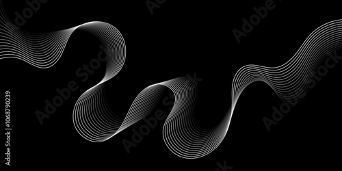 Abstract white wave dynamic curve lines on black background with flowing particles. Digital energy waves technology concept. Modern backdrop design for business, presentation, banner.