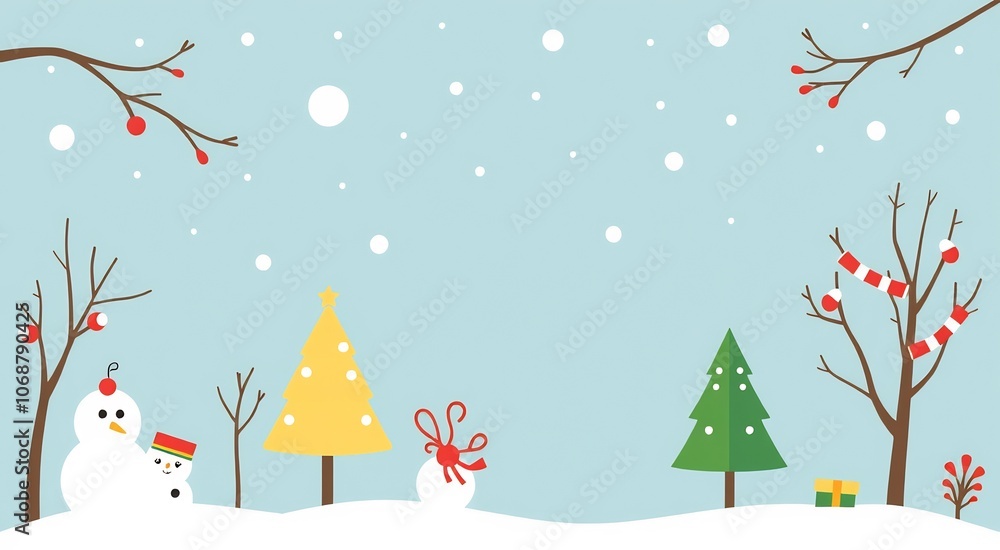 Two snowmen and two Christmas trees on a snowy winter landscape with a blue sky and falling snow. Two snowmen and two Christmas trees on a snowy winter landscape with a blue sky and falling snow.
